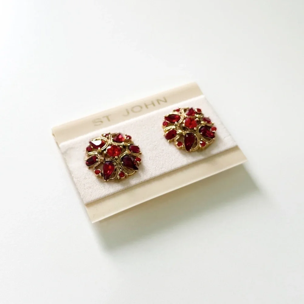 St. John Designer Vintage 1990 NWT Ruby Red and Gold Clip-On Earrings